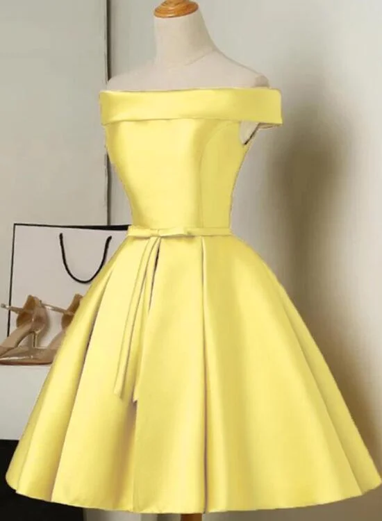 Custom Yellow Satin Off Shoulder Short Party Dress for Letty Tunics Seasonal trendy