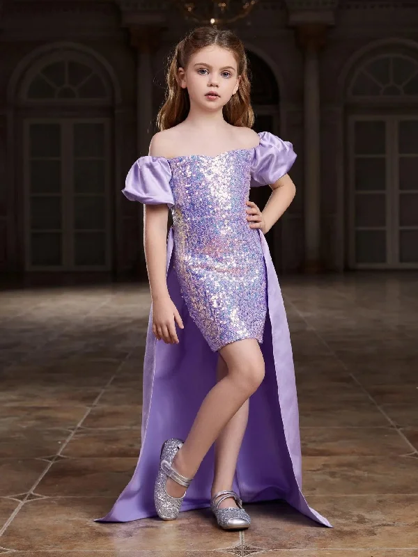 Tween Girls' Off Shoulder Puff Sleeves Satin Overlay Sequin Party Dress Tunics Luxurious premium Tween Girls' Off Shoulder Puff Sleeves Satin Overlay Sequin Party Dress Tunics Luxurious premium