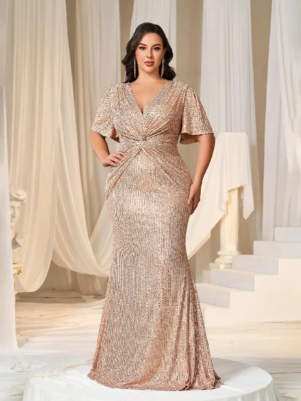 Plus Plunging Neck Twist Front Sequin Mermaid Party Dress A-Line Day Work