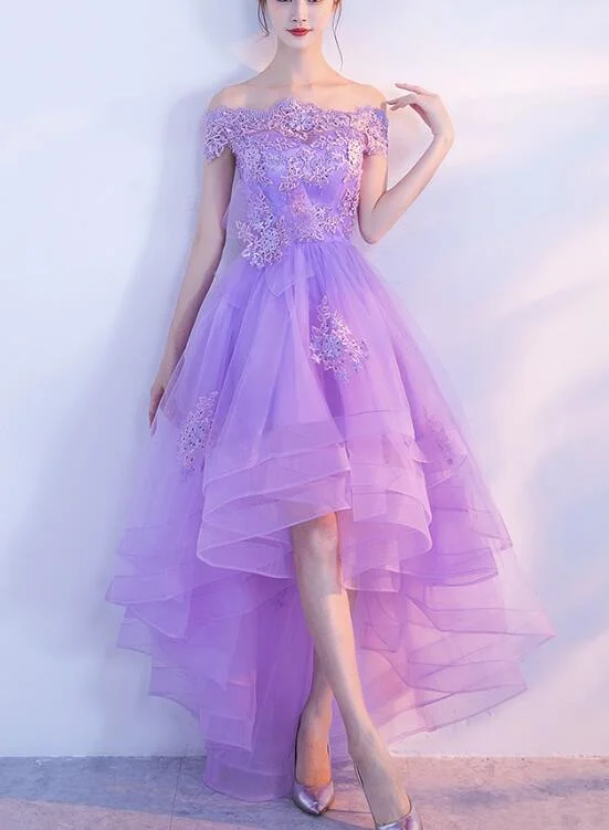 Lavender High Low Scoop Off Shoulder Party Dress, Cute Teen Party Dresses Tunics Stylish elegant Lavender High Low Scoop Off Shoulder Party Dress, Cute Teen Party Dresses Tunics Stylish elegant