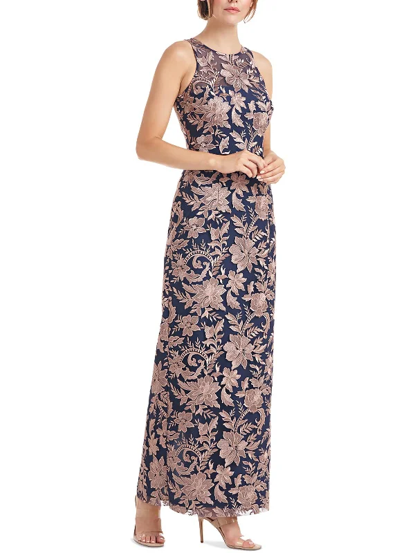 Womens Floral Embroidered Illusion Evening Dress Tunics Chic fashionable