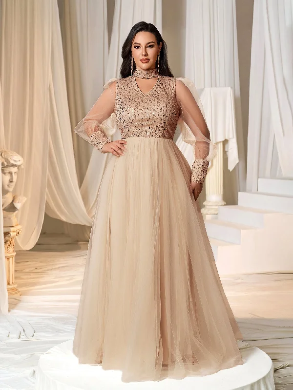Plus Choker Neck Sheer Bishop Sleeves Contrast Sequin Mesh Party Dress Evening Dress Satin Halter Glamorous Plus Choker Neck Sheer Bishop Sleeves Contrast Sequin Mesh Party Dress Evening Dress Satin Halter Glamorous