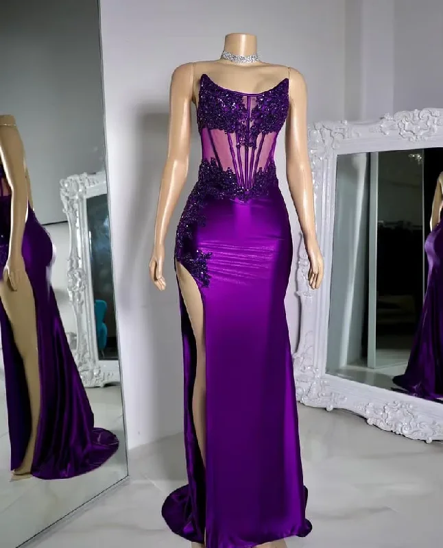 Purple Strapless Satin Lace Appliques Prom Party Dress,Mermaid Sexy Split Evening Dress Y8121 Tunics Office stylish Purple Strapless Satin Lace Appliques Prom Party Dress,Mermaid Sexy Split Evening Dress Y8121 Tunics Office stylish