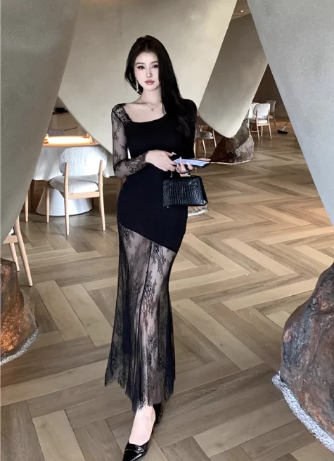 Stylish Asymmetric Black Dress with Sheer Lace Skirt Tunics Designer luxury