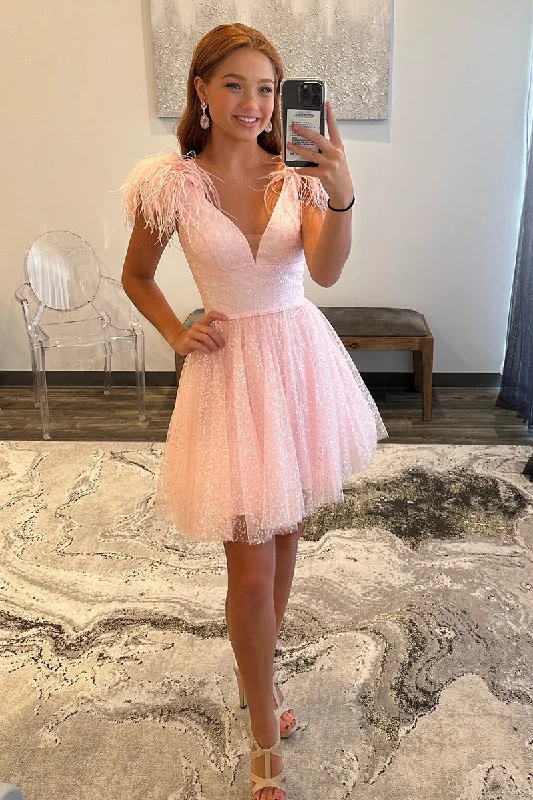 A Line V Neck Feathers Pink Cute Homecoming Dress QH2316 Tunics Practical easy-care
