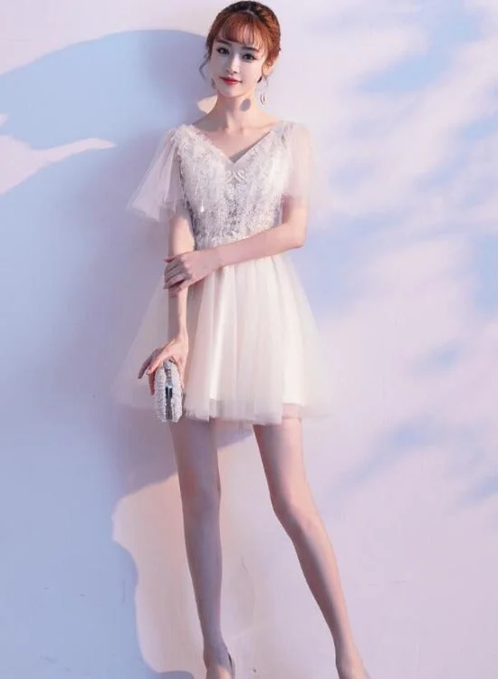 Lovely Ivory Tulle and Lace Mini Short Party Dress Graduation Dress, Cute Short Prom Dress Off-the-shoulder Chic Trendy Lovely Ivory Tulle and Lace Mini Short Party Dress Graduation Dress, Cute Short Prom Dress Off-the-shoulder Chic Trendy