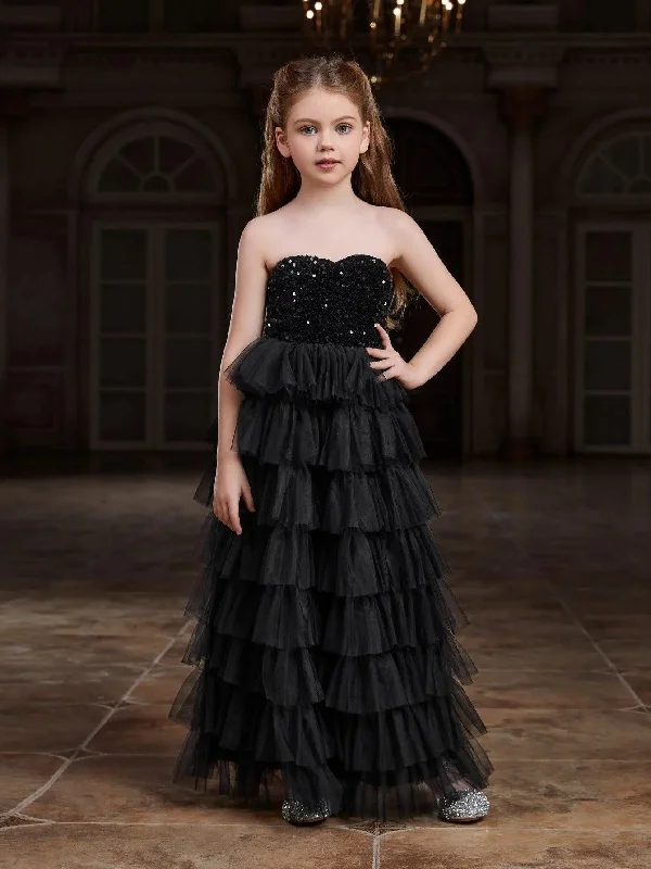 Tween Girls' Mesh Layered Hem Sequin Tube Party Dress Tunics Sophisticated sleek