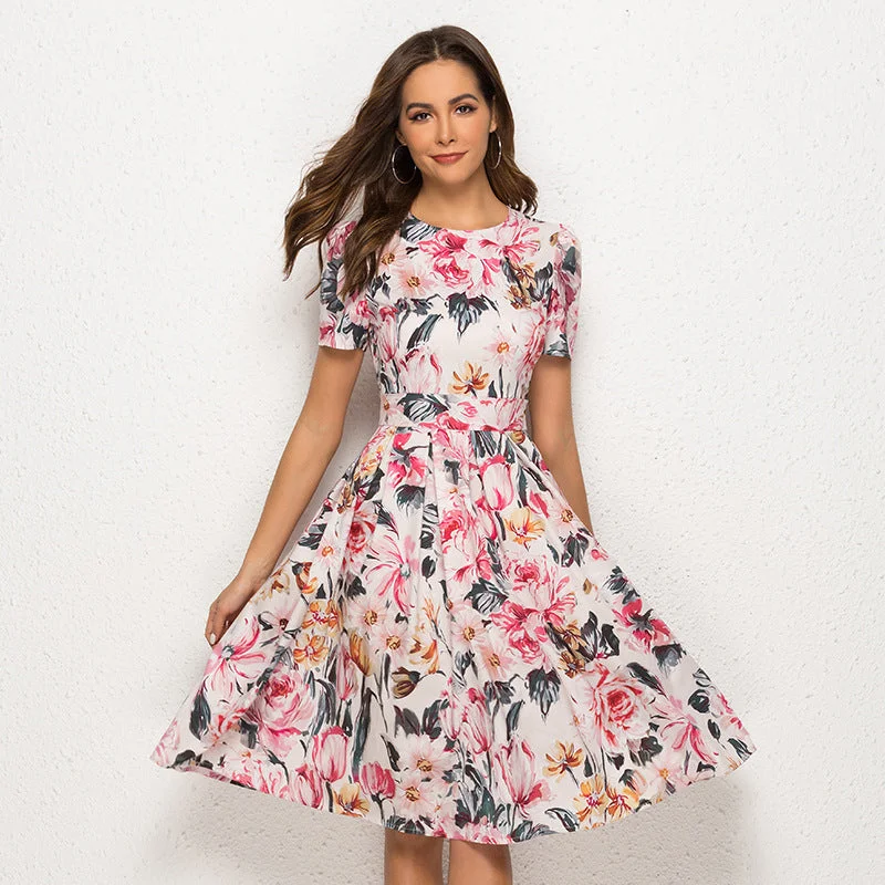 Short-sleeved floral print party dress Tunics Polka dots