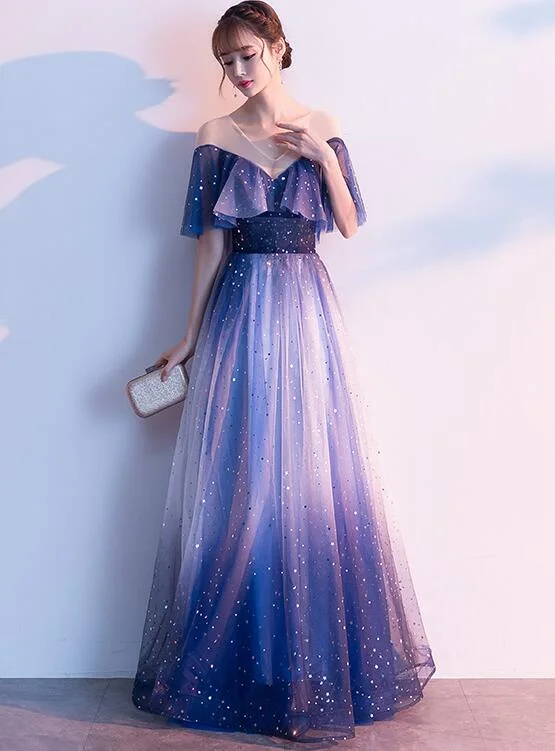 Beautiful Blue Tulle Gradient Long Bridesmaid Dress, Wedding Party Dress Tunics Running lightweight Beautiful Blue Tulle Gradient Long Bridesmaid Dress, Wedding Party Dress Tunics Running lightweight