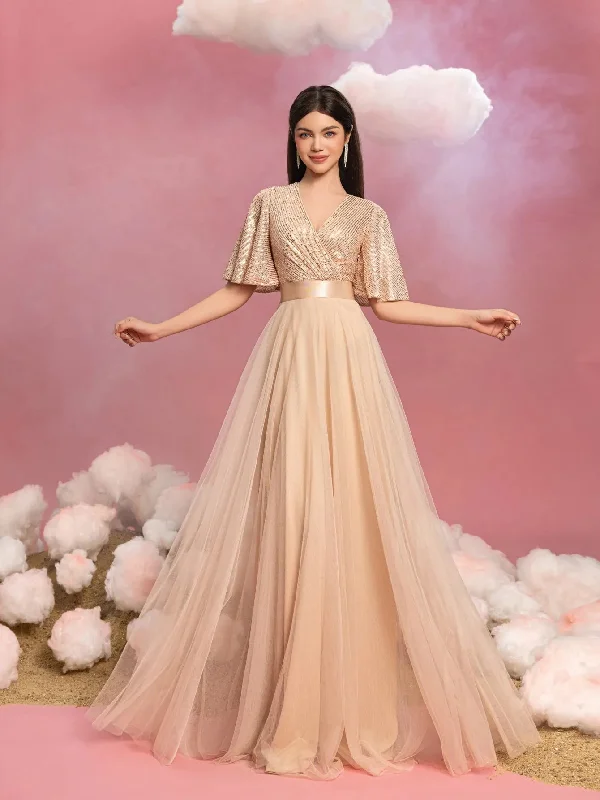 Teen Girls' Surplice Neck Butterfly Sleeves Sequin Party Dress Tunics Solid Classic