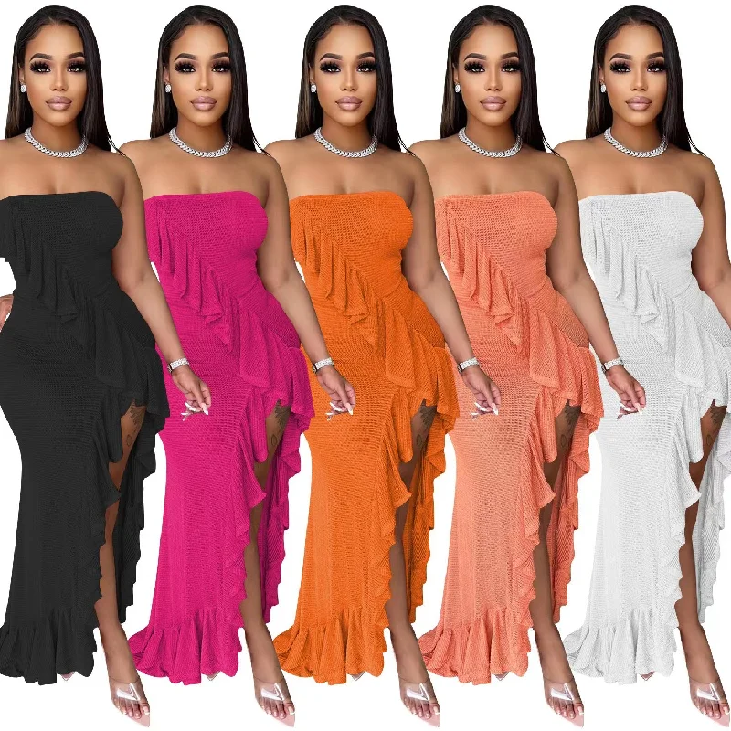 J&H new arrivals 2023 sexy strapless ruffled club party dress elegance women asymmetric fashion high slit party gowns Mermaid Tail Wedding J&H new arrivals 2023 sexy strapless ruffled club party dress elegance women asymmetric fashion high slit party gowns Mermaid Tail Wedding