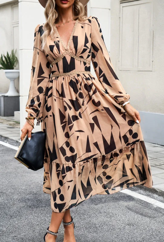 Women's resort casual printed V-neck long-sleeved dress Tunics Leisure comfortable
