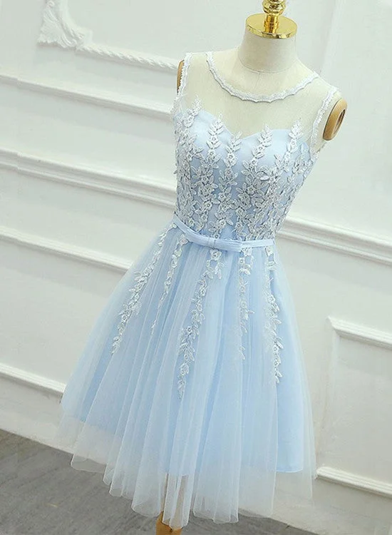 Light Blue Round Neckline Short Pretty Homecoming Dresses, Light Blue Wedding Party Dresses Tunics Practical easy-care