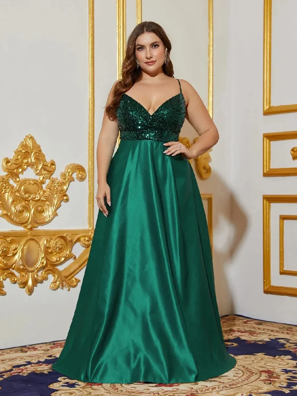 Plus Plunging Neck Sequin Bodice Contrast Satin Hem Cami Party Dress Tunics Long Elegant Plus Plunging Neck Sequin Bodice Contrast Satin Hem Cami Party Dress Tunics Long Elegant