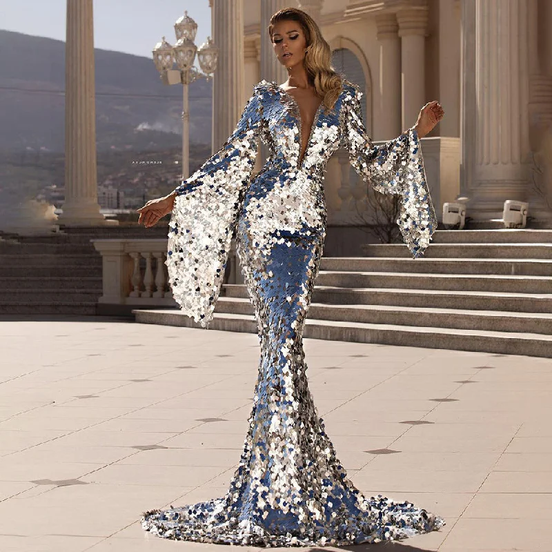 Sequin Silver Party Dress Cover Hip Evening Dress Pencil Length Work