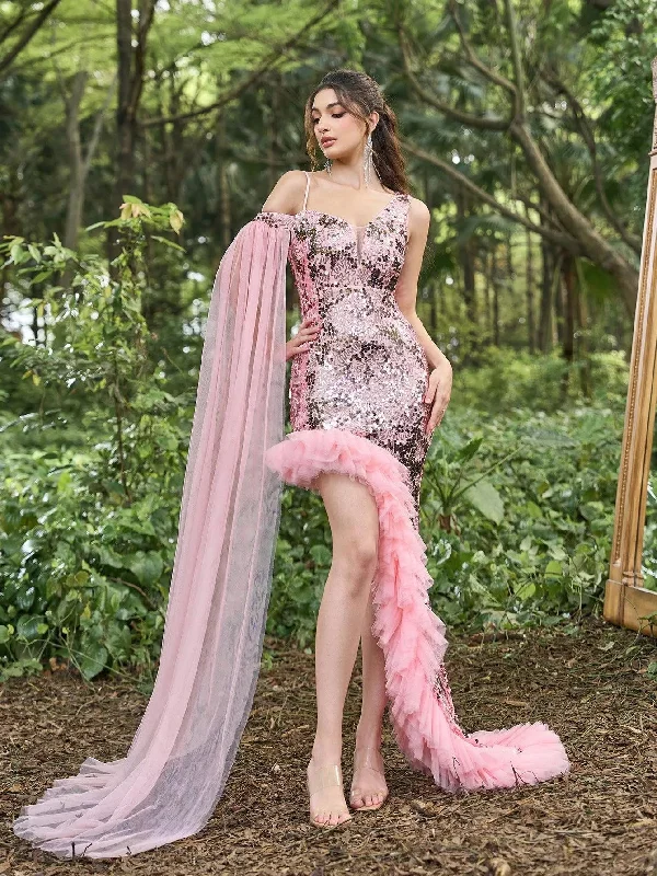 Luxury Asymmetrical Ruffled Hem Sequin Embellishments Party Dress Square Neckline Feminine