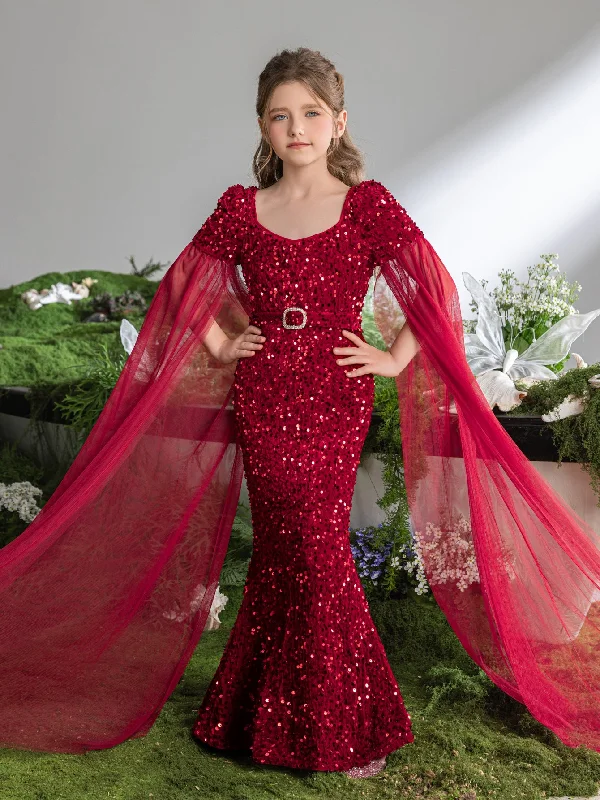 Tween Girls' SSweetheart Neck Cloak Sleeves Sequin Belted Party Dress Pleated Skirt Elegant Tween Girls' SSweetheart Neck Cloak Sleeves Sequin Belted Party Dress Pleated Skirt Elegant