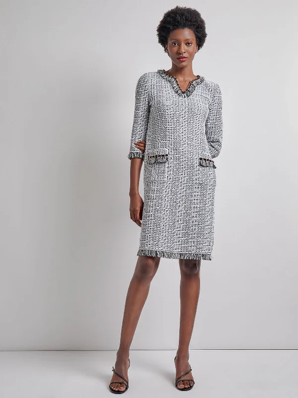 Chain & Fringe Trim Tweed Knit Shift Dress Tunics Gym athletic
