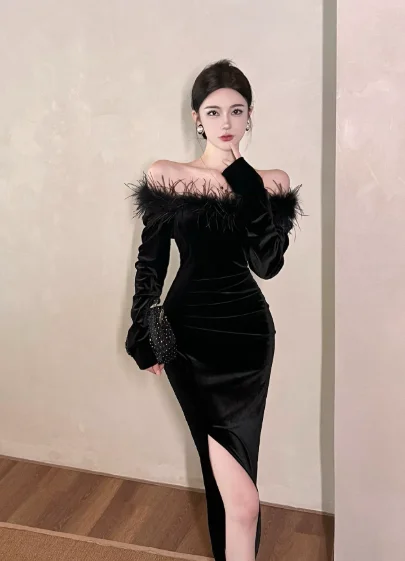 Elegant Off - Shoulder Black Velvet Dress with Feather Trim Tunics Cozy soft