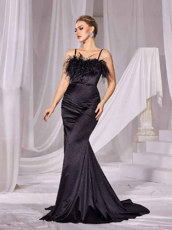 Feather Trim Mermaid Hem Satin Cami Party Dress Tunics Prom sequined