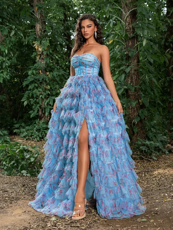 Floral Printed Ruched Bustier Split Thigh Tube Party Dress Tunics Bridal satin