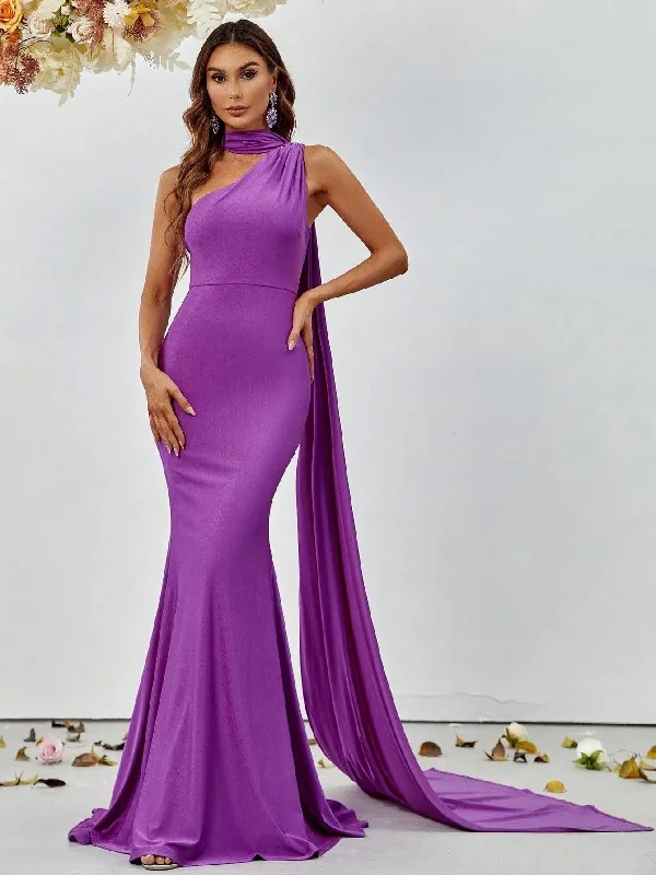 Elegant One Shoulder Ruched Draped Side Mermaid Party Dress Tunics Trousers formal
