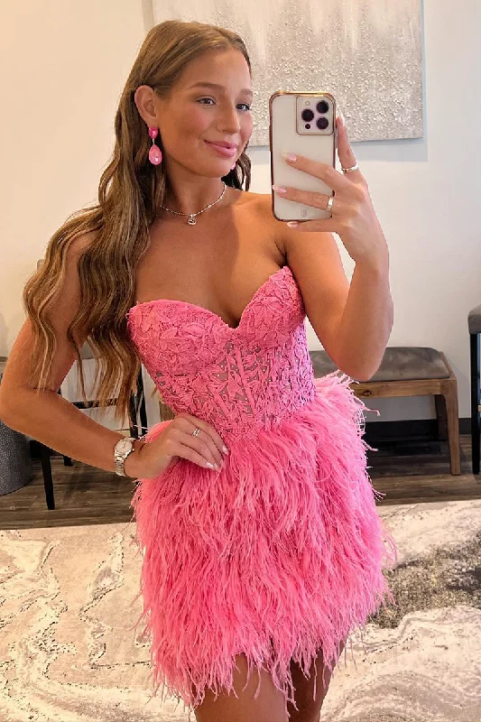 Sheath/Column Sweetheart Lace Appliques Feathers Pink Cute Homecoming Dress QH2328 Cowl Neckline Elegant Sheath/Column Sweetheart Lace Appliques Feathers Pink Cute Homecoming Dress QH2328 Cowl Neckline Elegant