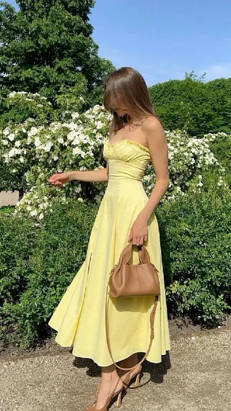 Cute Yellow Strapless A Line Evening Dress Strapless Long Prom Dress Party Dress With Slit Y7551 Off-the-shoulder Chic Trendy Cute Yellow Strapless A Line Evening Dress Strapless Long Prom Dress Party Dress With Slit Y7551 Off-the-shoulder Chic Trendy