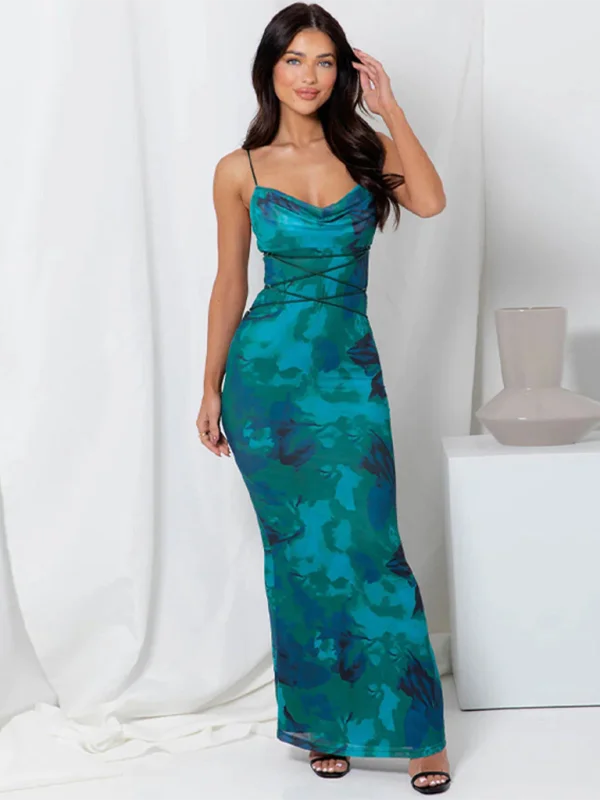 New sexy backless strappy slim printed suspender dress Tunics Sophisticated sleek