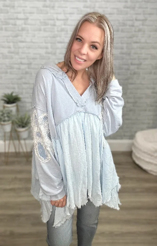 Asymmetrical Light Blue Daisy Hoodie - Oli & Hali Hoodie with Color Block Contrast Stylish Asymmetrical Light Blue Daisy Hoodie - Oli & Hali Hoodie with Color Block Contrast Stylish