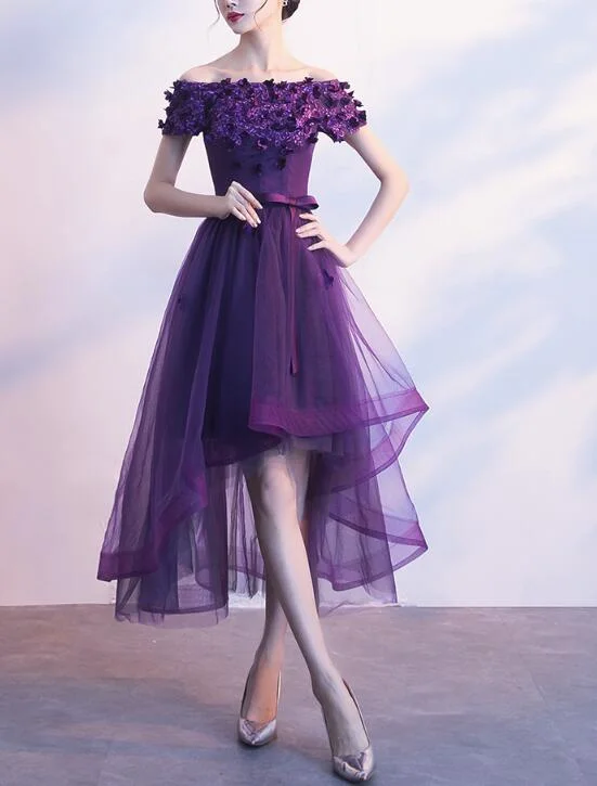 Dark Purple Off Shoulder High Low Dress, Beautiful Party Dresses Tunics Top rated