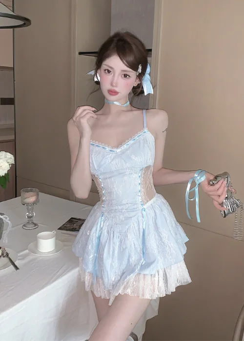 Lovely Spaghetti Strap Light Blue Lace Ruffled Babydoll Dress Tunics Trousers formal Lovely Spaghetti Strap Light Blue Lace Ruffled Babydoll Dress Tunics Trousers formal