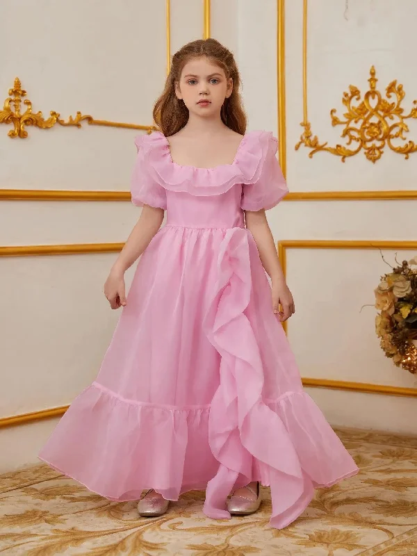 Tween Girls' Ruffle Trim Puff Sleeves Organza Party Dress Satin Halter Glamorous