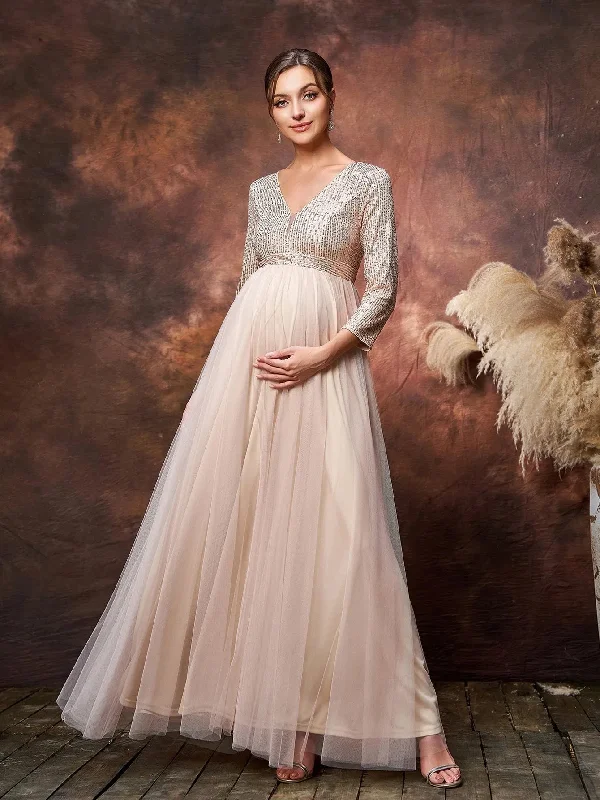Maternity Plunging Neck 3/4 Sleeves Sequin Formal Party Dress Tunics Prom sequined