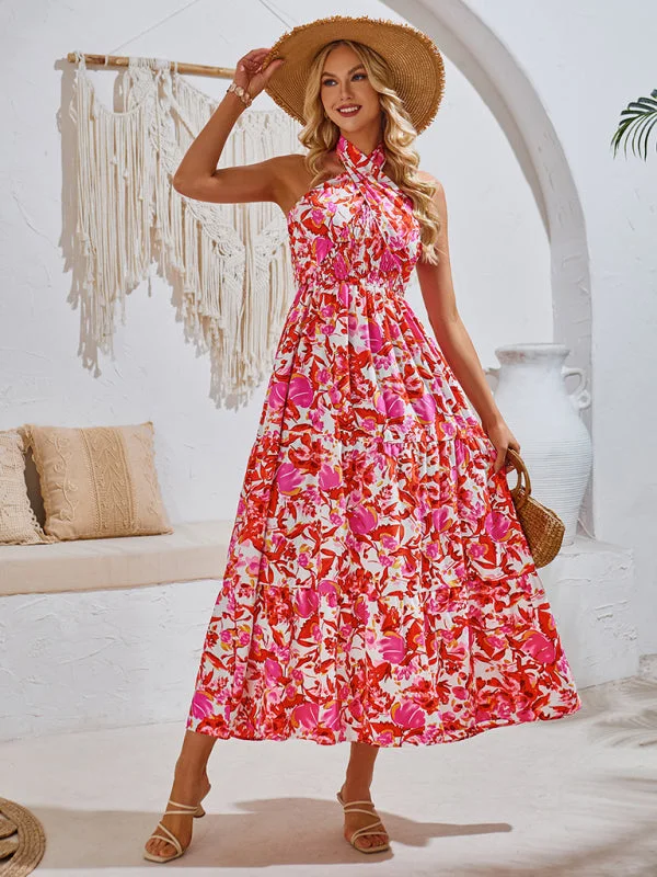New casual resort style printed halter neck dress Tunics Silk luxurious