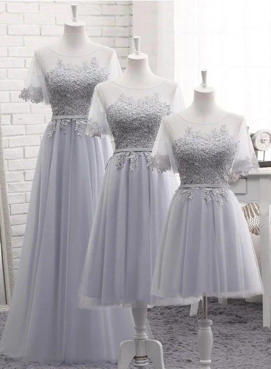 Grey Tulle with Lovely Lace Applique Wedding Party Dress, Grey Tulle A-line Prom Dress Formal Dress Turtleneck Neckline Stylish Grey Tulle with Lovely Lace Applique Wedding Party Dress, Grey Tulle A-line Prom Dress Formal Dress Turtleneck Neckline Stylish