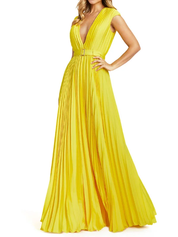 Womens Pleated Attached Belt Evening Dress Boatneck Modish Everyday