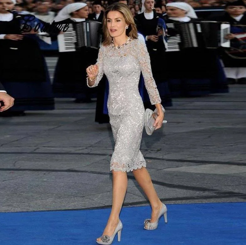 Silver Mother Of The Bride Dresses Sheath Long Sleeve Lace Knee Length Short Wedding Party Dress Mother Dresses For Wedding Tunics Bridal satin
