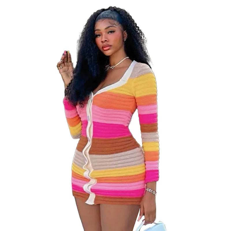2024 Spring Dress Women Clothing Sexy Club Knitted Striped Party Dress with Button for Ladies Dress Glittery Long Formal