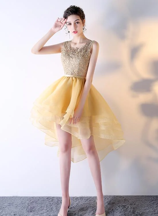 Light Yellow Organza and Lace High Low Party Dress, Short Cute Prom Dress Homecoming Dress Tunics Top Casual Light Yellow Organza and Lace High Low Party Dress, Short Cute Prom Dress Homecoming Dress Tunics Top Casual