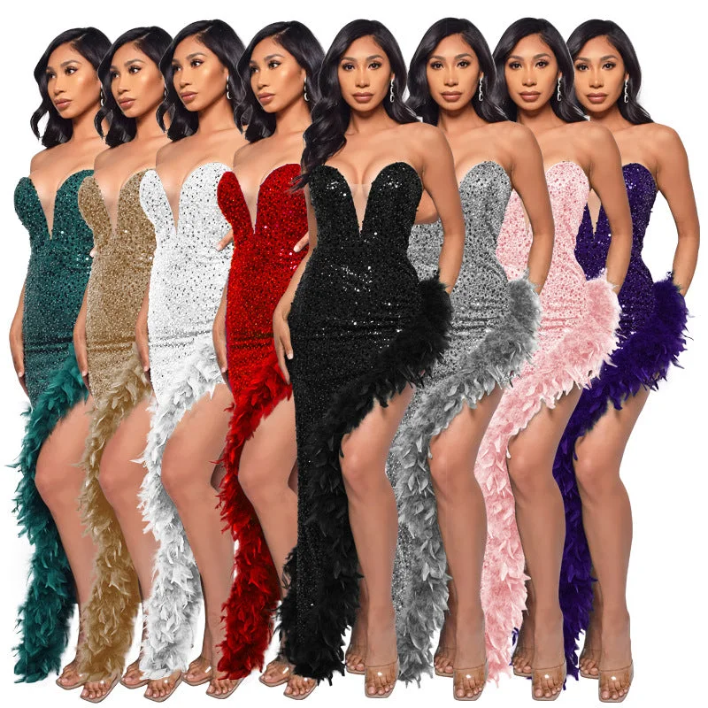 C1104ME24 High Quality Sexy Strapless Sequin Feathers Spliced Slit Party Dress Women Sehe Fashion Tunics Cozy comfortable C1104ME24 High Quality Sexy Strapless Sequin Feathers Spliced Slit Party Dress Women Sehe Fashion Tunics Cozy comfortable