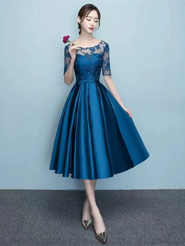 Blue Short Sleeves Tea Length Formal Dress, Blue Bridesmaid Dresses, Wedding Party Dresses Tunics Trousers formal Blue Short Sleeves Tea Length Formal Dress, Blue Bridesmaid Dresses, Wedding Party Dresses Tunics Trousers formal