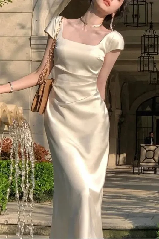 Elegant Square Neck Long Party Dress Beige Satin Mermiad Prom Evening Dress Y7576 Peplum Ruffle Cocktail Elegant Square Neck Long Party Dress Beige Satin Mermiad Prom Evening Dress Y7576 Peplum Ruffle Cocktail