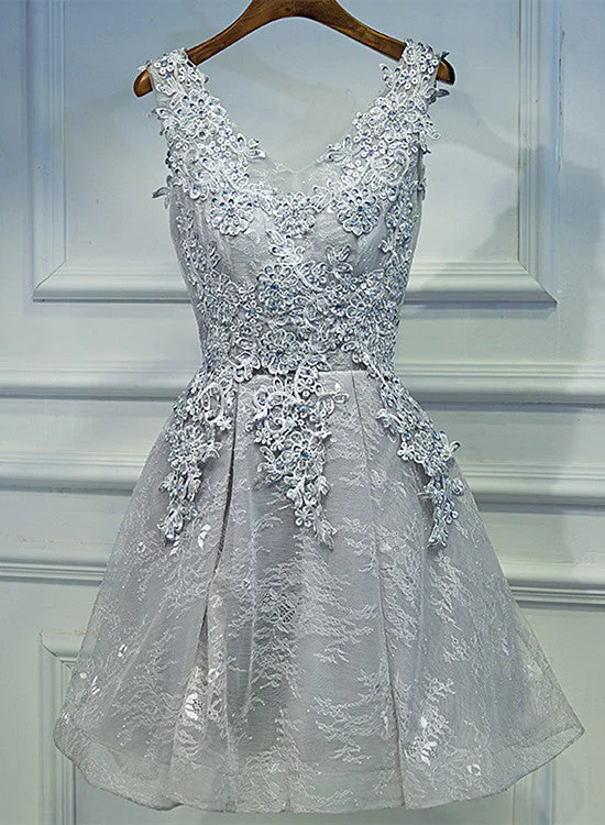 Light Grey Short V-neckline Lace Applique Party Dress, Grey Homecoming Dress Tunics Silk luxurious Light Grey Short V-neckline Lace Applique Party Dress, Grey Homecoming Dress Tunics Silk luxurious