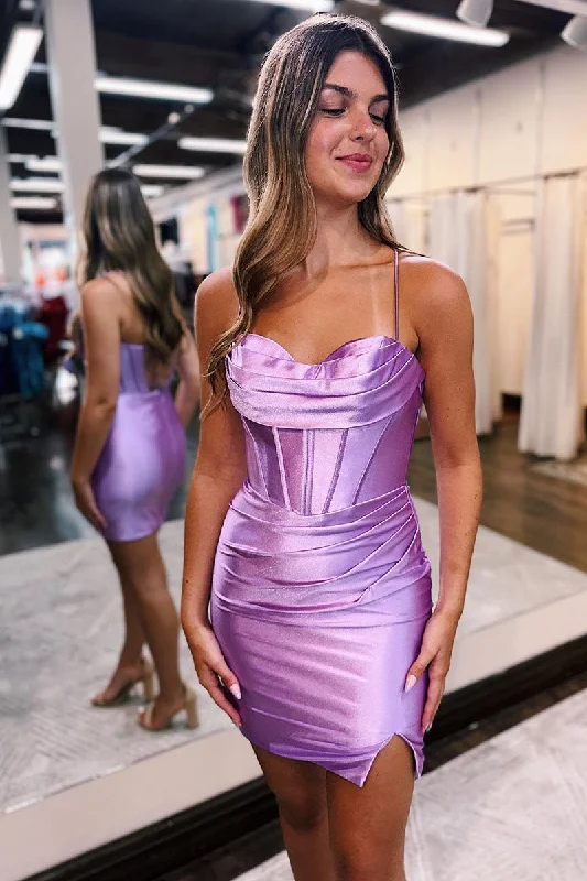 Sheath/Column Spaghetti Straps Satin Pleats Short Homecoming Dress Tight QH2369 Pencil Office Professional Sheath/Column Spaghetti Straps Satin Pleats Short Homecoming Dress Tight QH2369 Pencil Office Professional