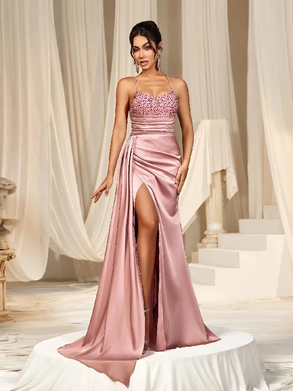 Elegant Backless Split Mermaid Hem Satin Cami Party Dress Tunics Versatile functional Elegant Backless Split Mermaid Hem Satin Cami Party Dress Tunics Versatile functional