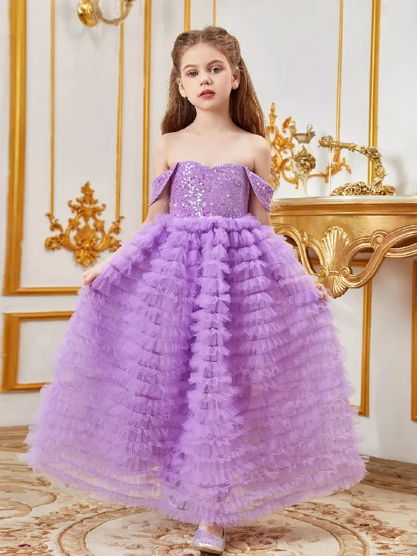 Tween Girls' Off Shoulder Sequin Contrast Ruffle Layered Hem Party Dress Pleated Skirt Elegant Tween Girls' Off Shoulder Sequin Contrast Ruffle Layered Hem Party Dress Pleated Skirt Elegant