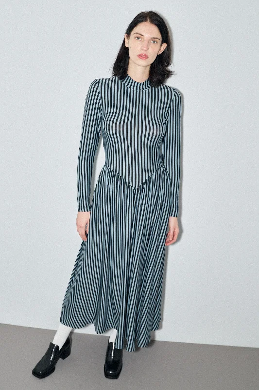 Blue Striped Tencel/Wool Long Sleeve Travel Dress Tunics stripes playful