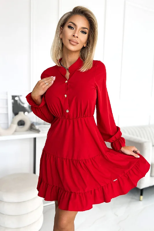 Dress with a neckline and golden buttons - red Tunics Satin smooth