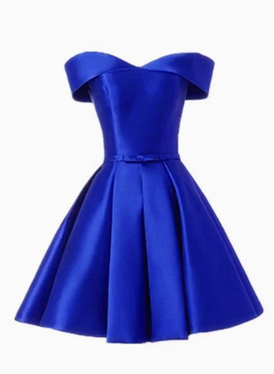 Simple Satin Off Shoulder Short Party Dress, Blue Homecoming Dress Prom Dress Tunics Velvet soft
